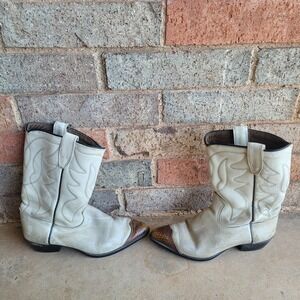 Vintage Acme Boots Girls Size 3.5 Cream Western Cowboy Snakeskin Leather Toe 80s